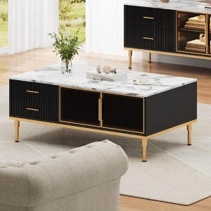 Coffee Table for Living Room, Faux Marble Coffee Table with 4 Drawers and Glass Doors Storage, Modern Aesthetic Fluted Panel Design - 1 of 4