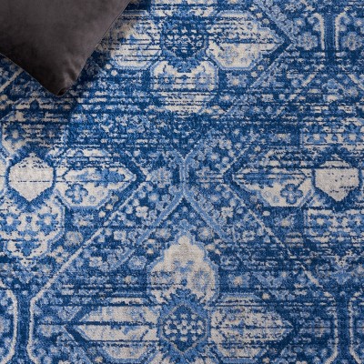 Ivory and Navy Hand-knotted Synthetic Runner Rug, 2' x 9'