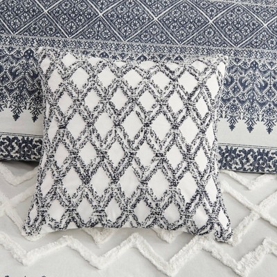 Navy and White Embroidered Cotton Square Pillow