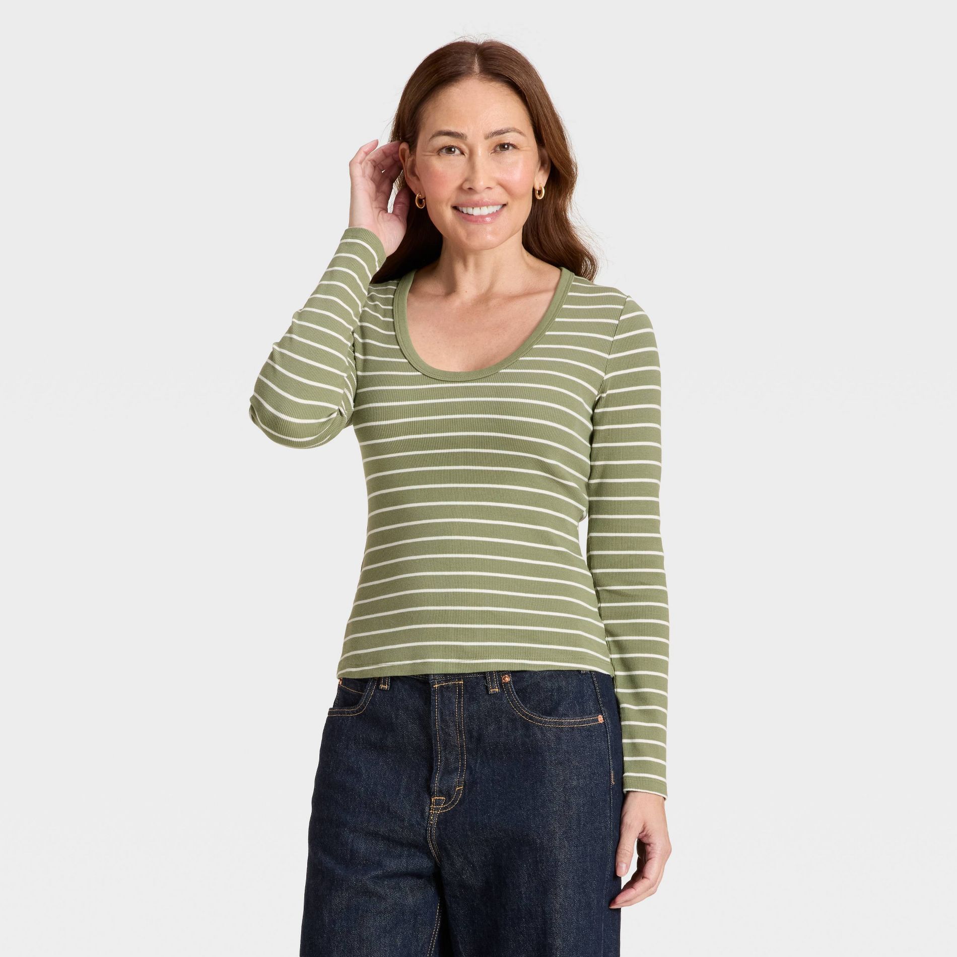 Women's Slim Fit Long Sleeve Scoop Neck Ribbed T-Shirt - Universal Thread™ Olive Green Striped L