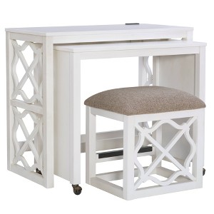 Powell Clarine Solid Wood and Beige Padded Seat Nesting Rolling Desk and Stool Set White: Poplar Frame, USB Port, No Storage - 1 of 4
