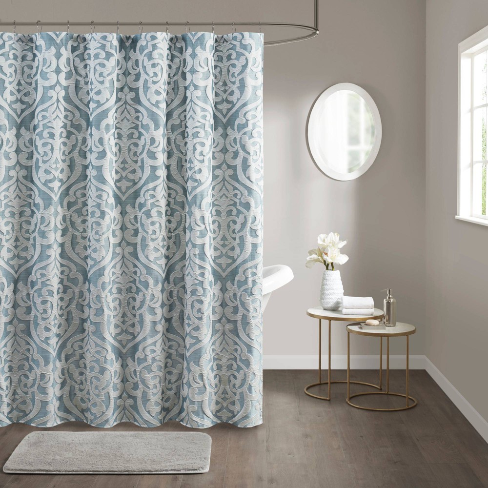 Photos - Shower Curtain 72"x72" Eliot Jacquard  Aqua/Silver - Madison Park