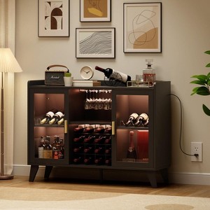 47" Liquor Cabinet Bar with LED Light, Kitchen Sideboard Buffet Storage Rack with Glass Door & Open Shelf for Home Living Room Dining Room, Black - 1 of 4