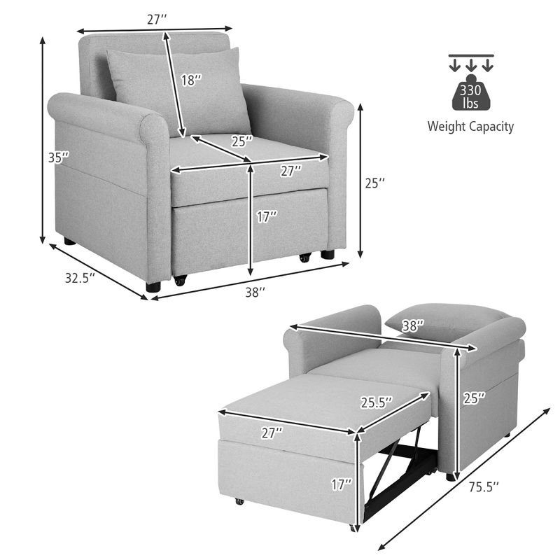 Costway Convertible Sofa Bed 3-in-1 Pull-out Sofa Chair Adjustable Reclining Chair Grey, 4 of 11