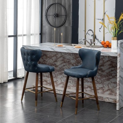 Nevis Blue Faux Leather Tufted Counter Stools with Walnut Legs, Set of 2