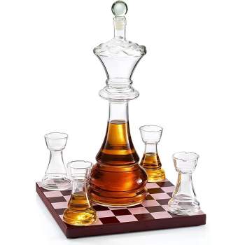 The Wine Savant Chess Design Whiskey & Wine Decanter Set Includes 4 Chess Design Shot Glasses, Unique Addition to Home Bar - 750 ml