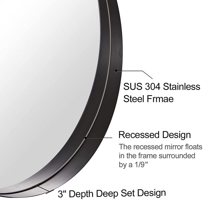 ANDY STAR 30 x 30 Inch Round Circle Mirror with 1-3 Inch Deep Millimeter Stainless Steel Metal Frame for Bathroom, Entryway, and Living Room, Black, 2 of 7