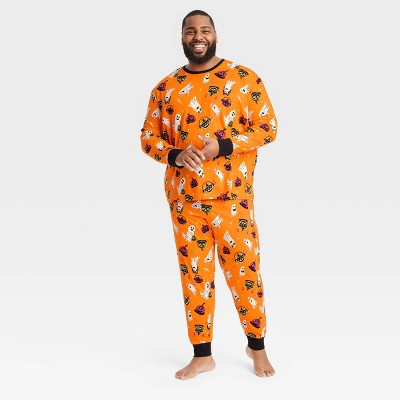 Image of Men's Big & Tall Ghost Print Glow-in-the-Dark Halloween Matching Family Pajama Set - Hyde & EEK! Boutique™ Orange 5XL