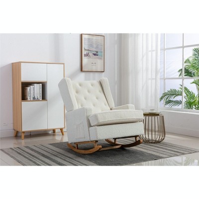 Okak Furry Rocking Accent Chair Living Room Chair with Wood Legs and Button-Tufted Upholstered Comfy Back Armchair for Bedroom Nursery Lounge, White