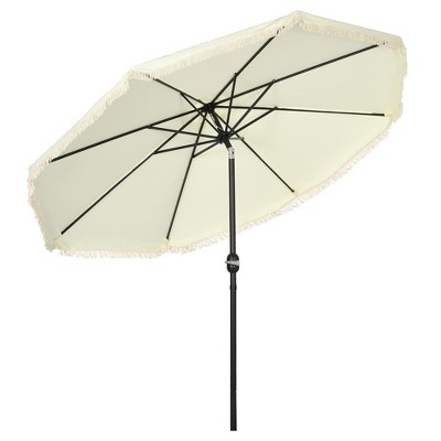 DOMETOUR Outsunny 9ft Patio Umbrella, Tilt & Crank, Ruffled Market Table Umbrella with Tassels, 8 Ribs, Cream White for Garden, Deck, Pool