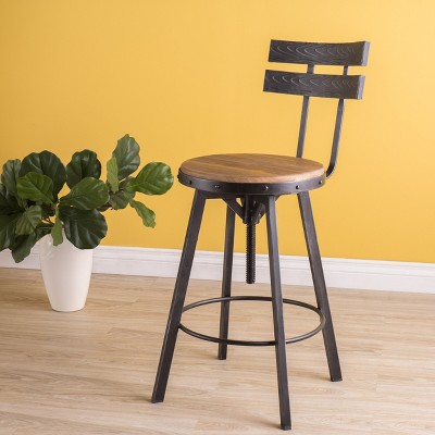 GDFStudio Theo Modern Industrial Fir Wood and Iron Adjustable Swivel Barstool, Brown and Black Brushed Silver