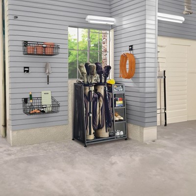 Heavy Duty Black Metal Golf Bag Organizer with Shelves and Bin, 2 Pack