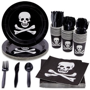Juvale 144 Piece Skull Birthday Party Supplies, Serves 24 Pirate Plates, Napkins, Cups & Cutlery, Skeleton Birthday Decorations - 1 of 4