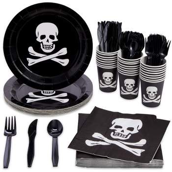 144-Pieces Pirate Party Supplies with Skeleton Paper Plates, Napkins, Cups and Cutlery for Skull Birthday Party Decorations, Serves 24