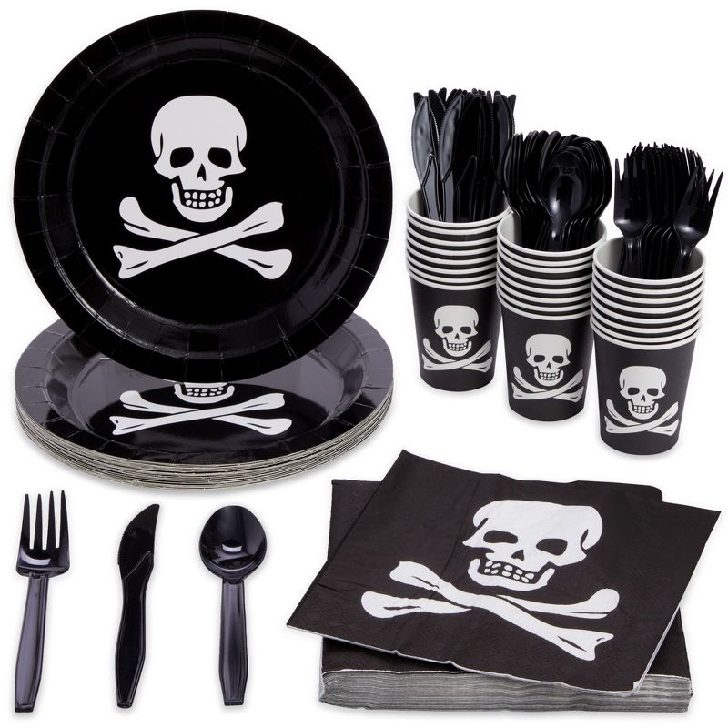 144-Pieces Pirate Party Supplies with Skeleton Paper Plates, Napkins, Cups and Cutlery for Skull Birthday Party Decorations, Serves 24, 1 of 10