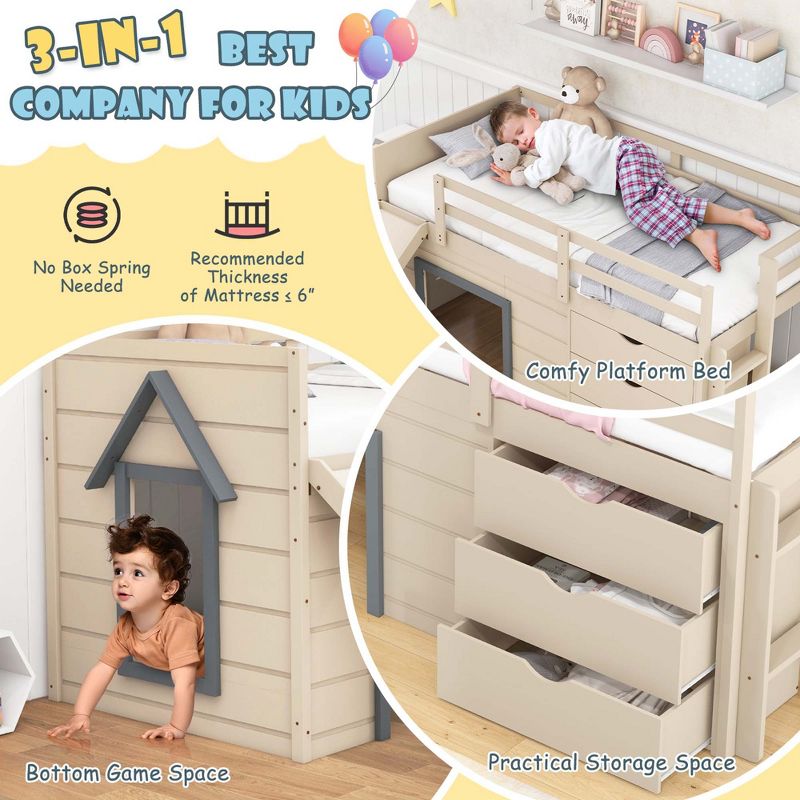 Costway Twin Low Loft bed with Slide Ladder Storage Drawers Play Game Space Wooden, 5 of 11
