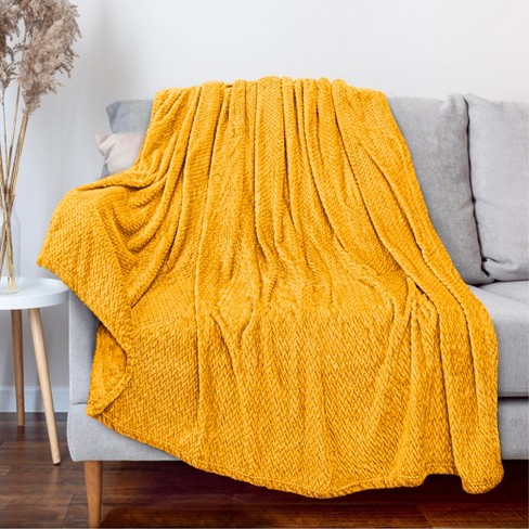 PAVILIA Lightweight Fleece Throw Blanket for Couch Soft Warm Flannel Blankets for Bed Mustard Yellow Throw 50x60