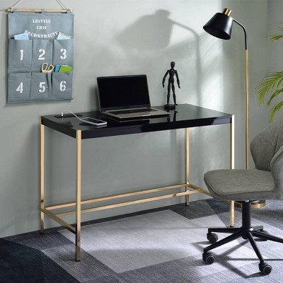 42" Midriaks Writing Desk Black/Gold Finish - Acme Furniture: USB Ports, No Assembly Required