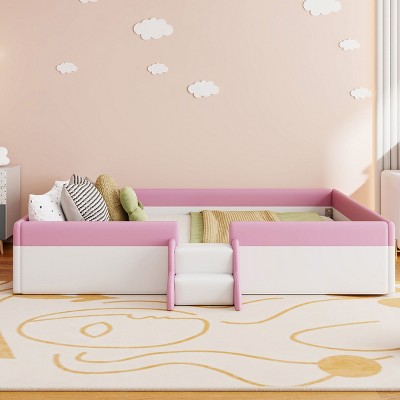 King Size Upholstered Daybed, PU Leather Platform Bed with Fence and Stairs, Daybeds with Fun and Safe Low Profile Design-Baofuwish