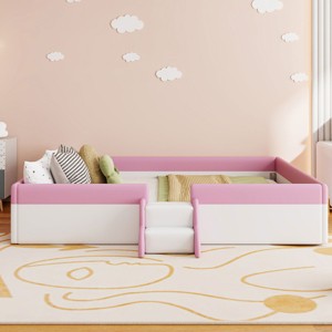 King Size Upholstered Daybed, PU Leather Platform Bed with Fence and Stairs, Daybeds with Fun and Safe Low Profile Design-Baofuwish - 1 of 4