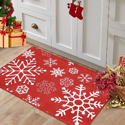 2x3 Christmas Entryway Rug, Washable Snowflake Pattern Non-Slip Accent Carpet for Entrance Kitchen Bathroom, Holiday Decorative Rug, Red