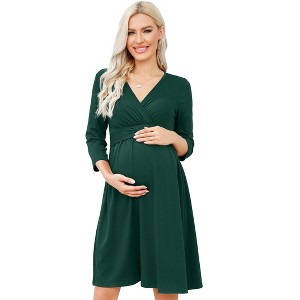 Coolmee Women's Maternity Casual Midi Dress 3/4 Sleeve V-Neck A-Line Dress Church Swing Semi Formal Dresses for Babyshower - 1 of 4