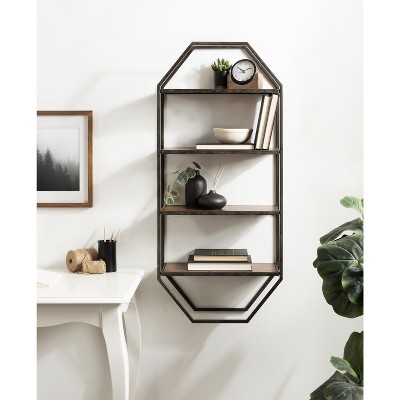 Adela Brown Wood and Metal Octagon Folding Shelf