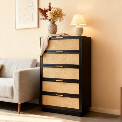 Rattan 5 Drawer Dresser, 46.7in Tall Black 5 Chest of Drawers with Metal Handles and Wooden Sturdy Base for Bedroom Living Room Nursery