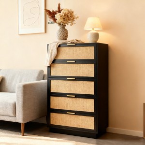 Rattan 5 Drawer Dresser, 46.7in Tall Black 5 Chest of Drawers with Metal Handles and Wooden Sturdy Base for Bedroom Living Room Nursery - 1 of 4