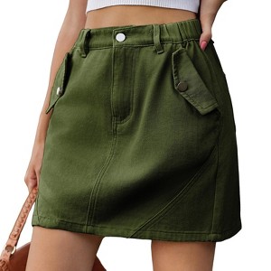 Women's Short Cargo Denim Skirt Solid Color Half Elastic Waisted Jeans Skirts Spring Summer Pocket Button Skirt - 1 of 4