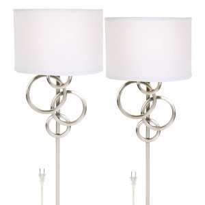 Possini Euro Design Circles Modern Wall Light Sconces Set of 2 Brushed Nickel Plug-in 12" Fixture Off White Cotton Shade for Bedroom Reading House - 1 of 4