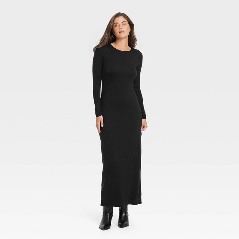 Women s Long Sleeve Knit Maxi T Shirt Dress Universal Thread Black XS