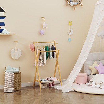 Acoinel Freestanding Bamboo Clothes Rack with Shelves, Garment Rack for Bedroom