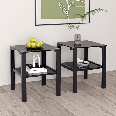 2-Piece Glass End Table, 2 Layer Square Side Table With Tempered Glass Tabletop And Storage Shelf, Modern Coffee Table