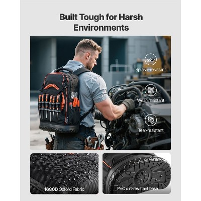 VEVOR Tool Backpack, 65 Pockets, Heavy-duty Tools Storage Organizer Work Bags with Laptop Compartment & Molded Base, Black+Orange — фото 4