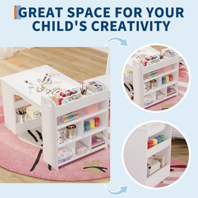 GustoWave 49" Kids Art Table,Large Kids Craft Table with 2 Chairs,Art Desk with Storage Shelves for Children Room, Kindergarten,Playroom,School