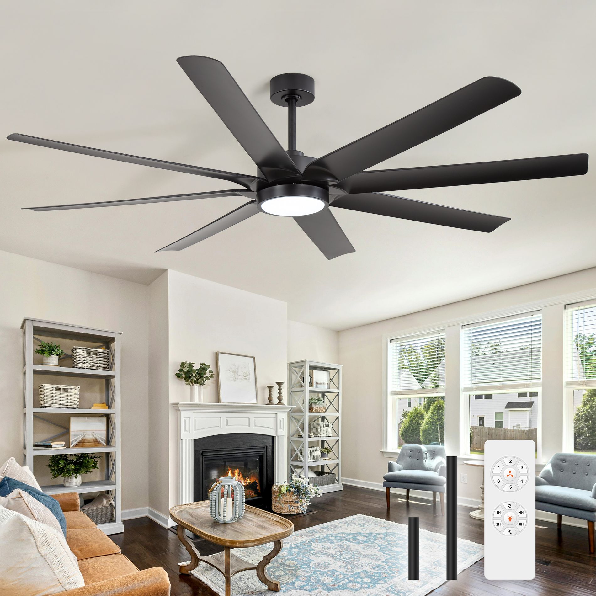 Airsurfer Modern Ceiling Fans with Lights, 72 Inch Ceiling Fan with Light and Remote,  8 Blades 6 Speed Reversible Quiet DC Motor, Black