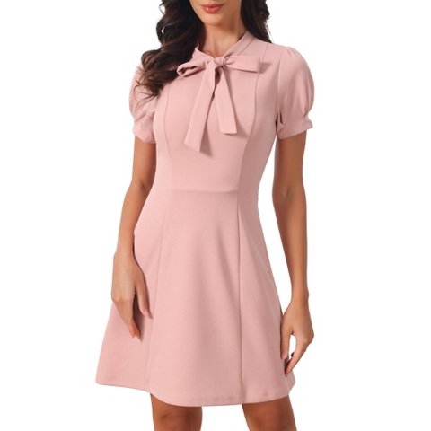 Женские платья INSPIRE CHIC Elegant Women's Work Tie Neck Puff Short Sleeve Business Office Short Dress Medium Pink