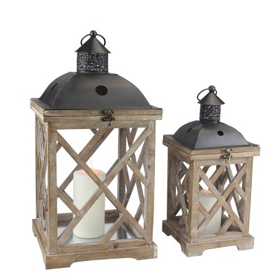 Mercana Keyrock Set of 2 Brown Wood/Metal Candle Holder Lanterns, Indoor  Use, Residential Grade