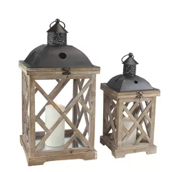 Set of 2 Wooden and Metal Hurricane Candles Lantern Brown - Stonebriar Collection