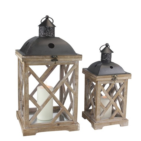 Set of 2 Wooden and Metal Hurricane Candles Lantern Brown - Stonebriar Collection - image 1 of 4