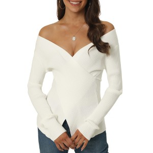 Seta T Women's V Neck Wrap Long Sleeve Criss Cross Casual Pullover Sweater - 1 of 4