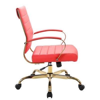 Mid-Century Red Leather Swivel Office Chair with Gold Metal Frame