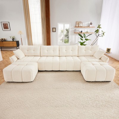 GDFStudio Shirley 142" Tufted Upholstered Chenille 4-Seater U-Sectional Sofa with Two Ottomans