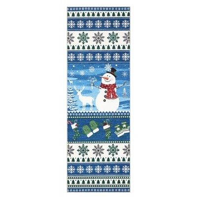 2'x6' Christmas Area Rug for Living Room, Washable Non Slip Snowman Snowflake Bedroom Rugs, Winter Holiday Home Decor Rug for Nursery Room, Blue