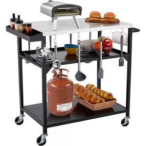 Outdoor Grill Cart Table with 3 Shelves, Pizza Oven Stand, BBQ Kitchen Food Prep Table, Black Stainless Steel - 1 of 4