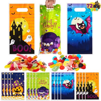 Joyfy 72 PCS Halloween Trick or Treat Goody Candy Bags, 4 Designs Plastic Snack Gift Bag Bulk for Kids, Classroom Party Favors Supplies