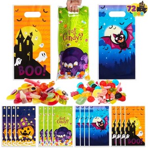 Joyfy 72 PCS Halloween Trick or Treat Goody Candy Bags, 4 Designs Plastic Snack Gift Bag Bulk for Kids, Classroom Party Favors Supplies - 1 of 4