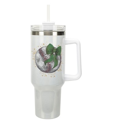 Elanze Designs 40 Ounce Stainless Steel Double Wall Insulated Glitter Travel Tumbler With Handle, Straw, and Lid, Baseball With Green Bow White