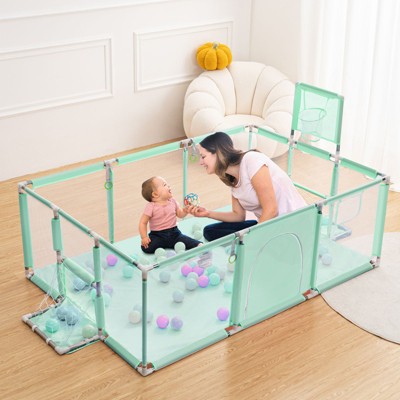 GOTGELIF 71"x48" 4-Panel Baby Playpen Foldable Playard with Basketball Hoop